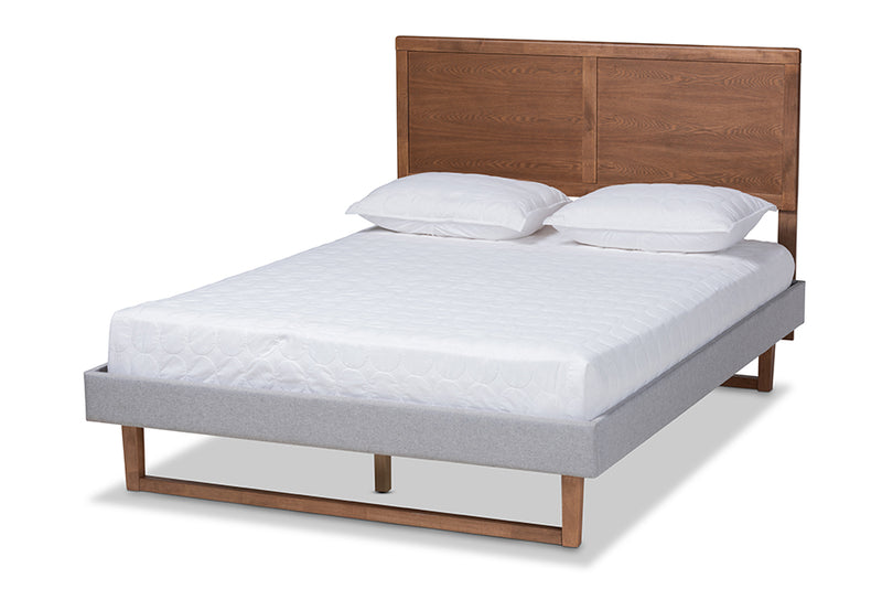 Aithan Rustic Modern Light Gray Fabric Upholstered and Ash Walnut Brown Finished Wood King Size Platform Bed