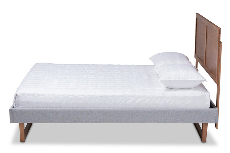 Aithan Light Gray Fabric Ash Walnut Brown King Size Platform Bed Baxton