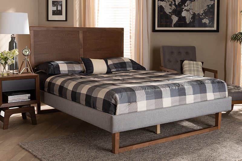 Aithan Rustic Modern Light Gray Fabric Upholstered and Ash Walnut Brown Finished Wood Queen Size Platform Bed