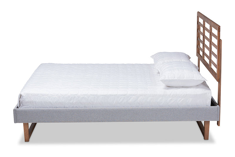 Jasper Light Gray Fabric Ash Walnut Brown King Size Platform Bed Baxton