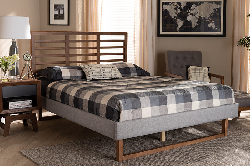 Jasper Light Gray Fabric Ash Walnut Brown King Size Platform Bed Baxton