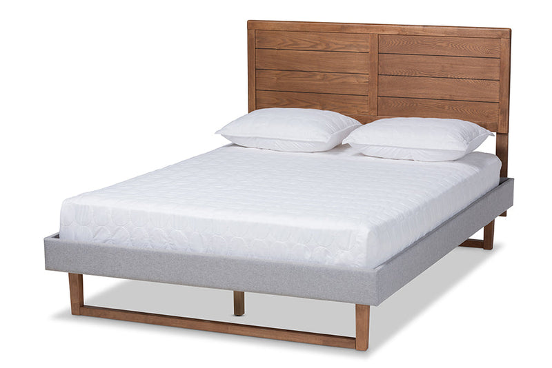 Tarun Light Gray Fabric Walnut Brown Queen Size Platform Bed Baxton
