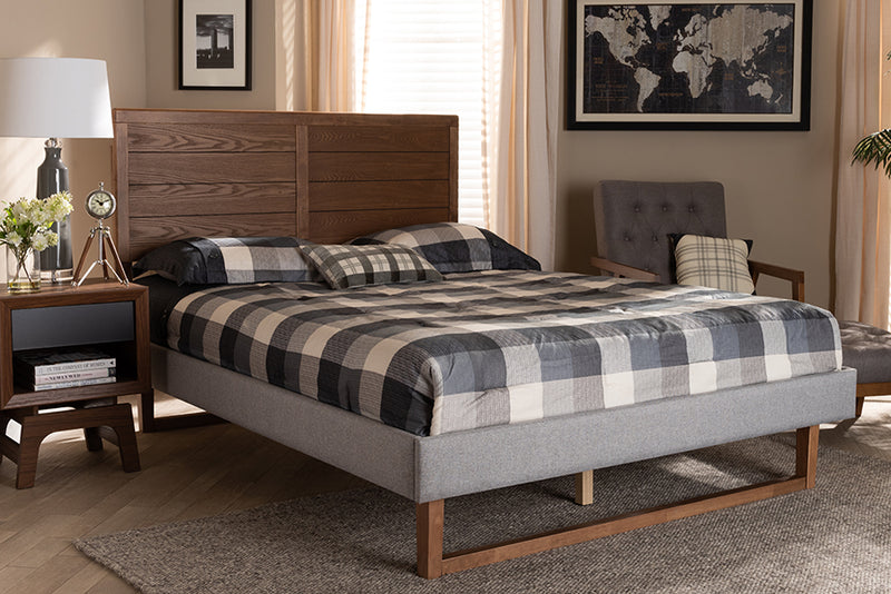 Tarun Rustic Modern Light Gray Fabric Upholstered and Walnut Brown Finished Wood Full Size Platform Bed