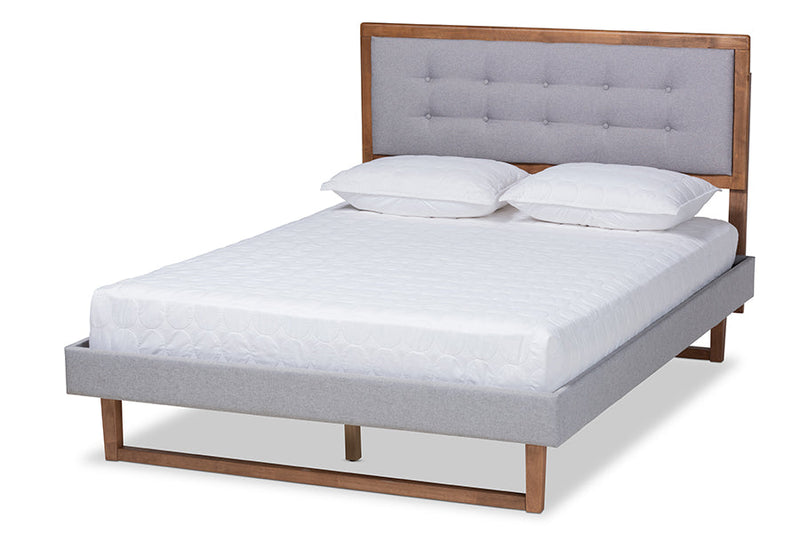 Tamsin Light Gray Fabric Ash Walnut Brown King Size Platform Bed Baxton