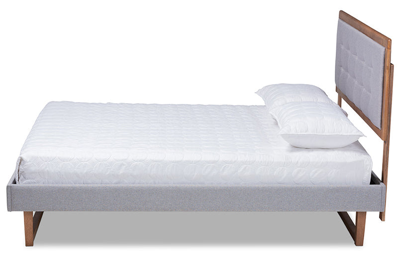 Tamsin Light Gray Fabric Ash Walnut Brown King Size Platform Bed Baxton