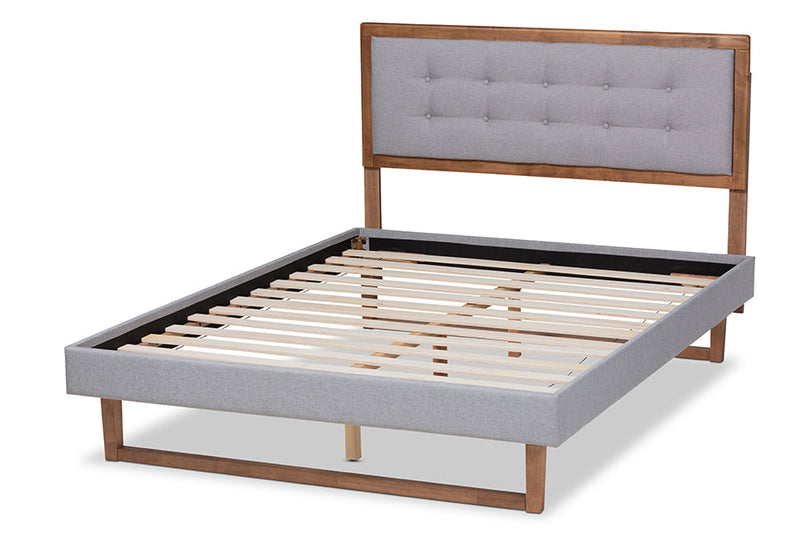 Tamsin Light Gray Fabric Ash Walnut Brown King Size Platform Bed Baxton