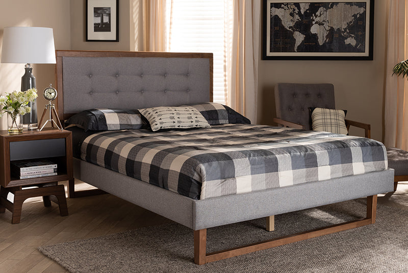 Tamsin Modern Transitional Light Gray Fabric Upholstered and Ash Walnut Brown Finished Wood Full Size Platform Bed