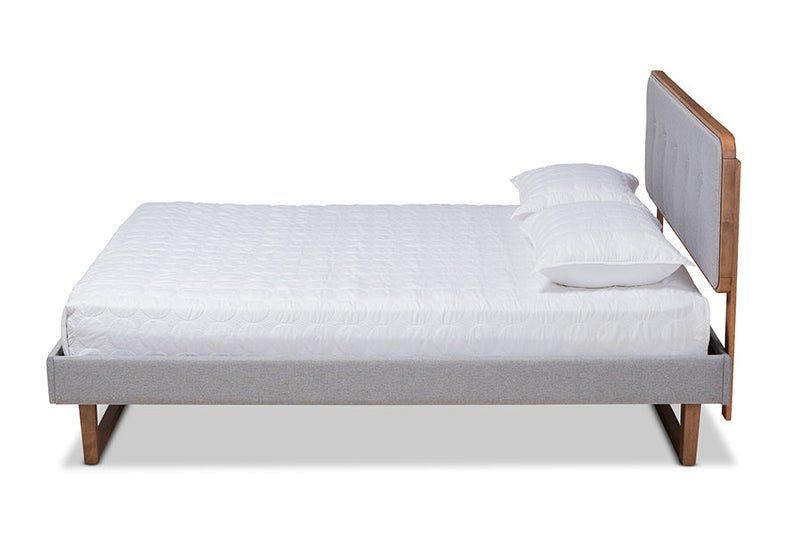 Lumines Light Gray Fabric Ash Walnut Queen Size Platform Bed Baxton