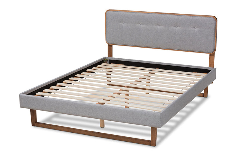 Lumines Light Gray Fabric Ash Walnut Queen Size Platform Bed Baxton