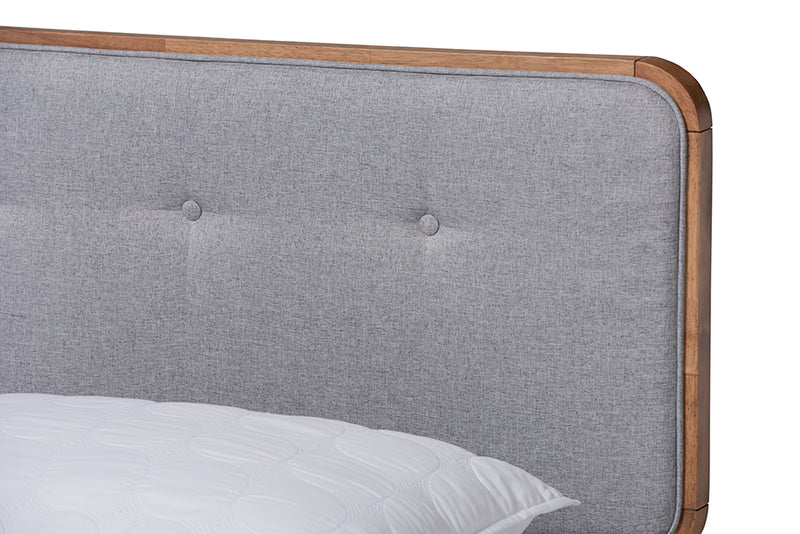 Lumines Mid-Century Modern Light Gray Fabric Upholstered and Ash Walnut Finished Wood Full Size Platform Bed