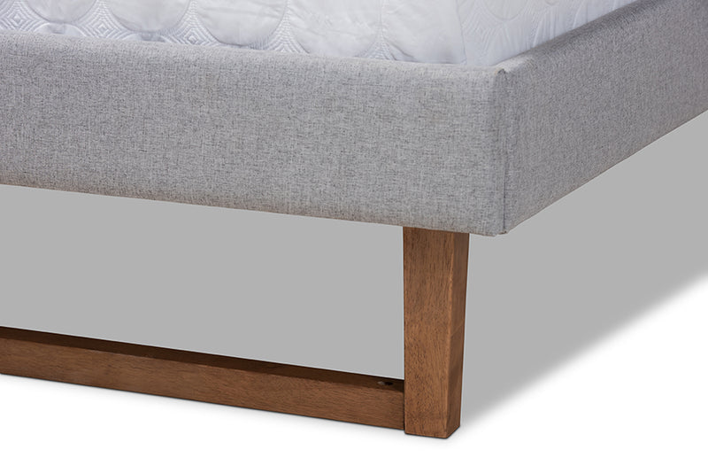 Lumines Mid-Century Modern Light Gray Fabric Upholstered and Ash Walnut Finished Wood Full Size Platform Bed