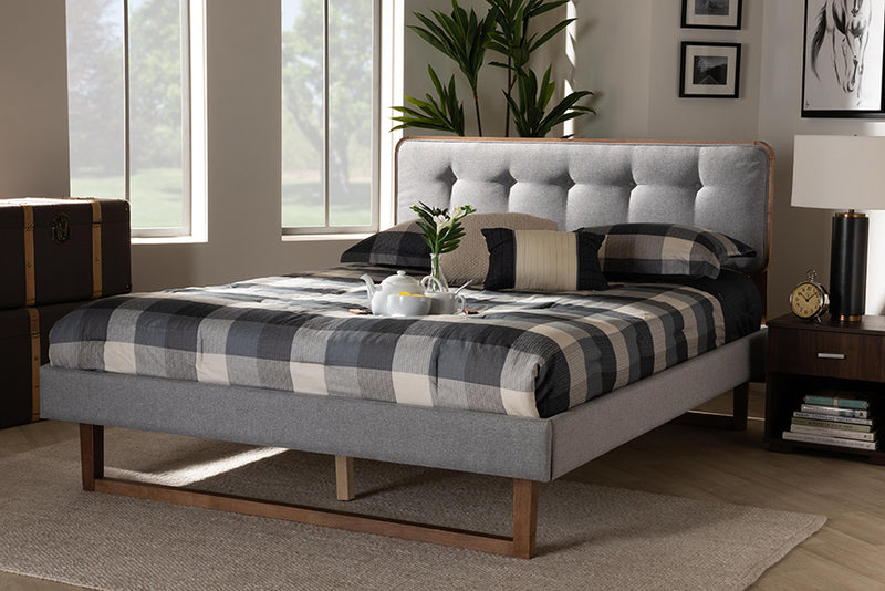 Lumines Mid-Century Modern Light Gray Fabric Upholstered and Ash Walnut Finished Wood Full Size Platform Bed