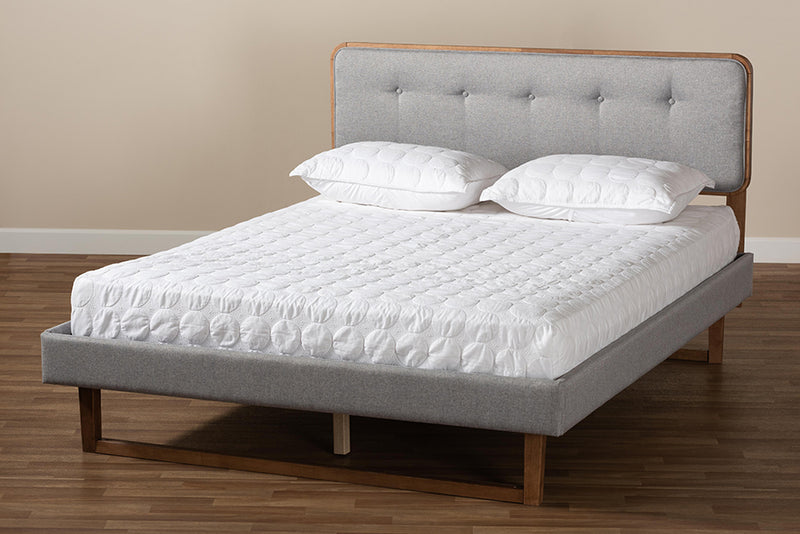 Lumines Mid-Century Modern Light Gray Fabric Upholstered and Ash Walnut Finished Wood Full Size Platform Bed