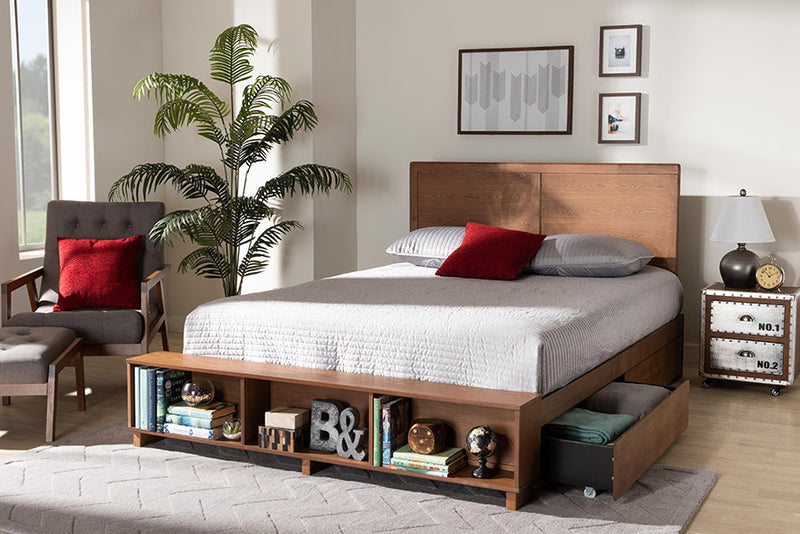 Svante Ash Walnut Brown Queen Size 4-Drawer Platform Storage Bed w/Shelves Baxton