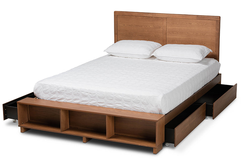 Svante Modern Transitional Ash Walnut Brown Finished Wood Queen Size 4-Drawer Platform Storage Bed w/Built-In Shelves