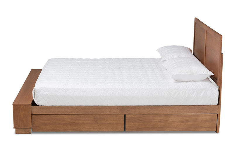 Svante Modern Transitional Ash Walnut Brown Finished Wood Queen Size 4-Drawer Platform Storage Bed w/Built-In Shelves