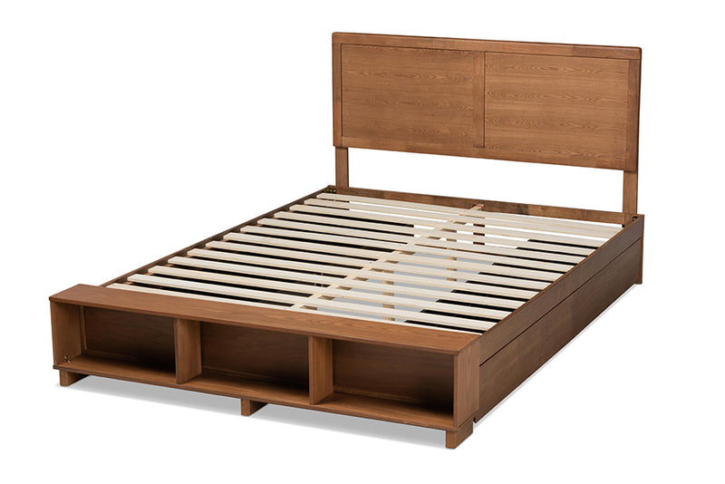 Svante Modern Transitional Ash Walnut Brown Finished Wood Queen Size 4-Drawer Platform Storage Bed w/Built-In Shelves