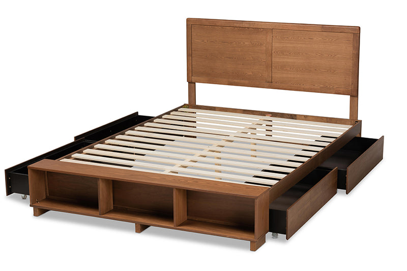 Svante Modern Transitional Ash Walnut Brown Finished Wood Queen Size 4-Drawer Platform Storage Bed w/Built-In Shelves