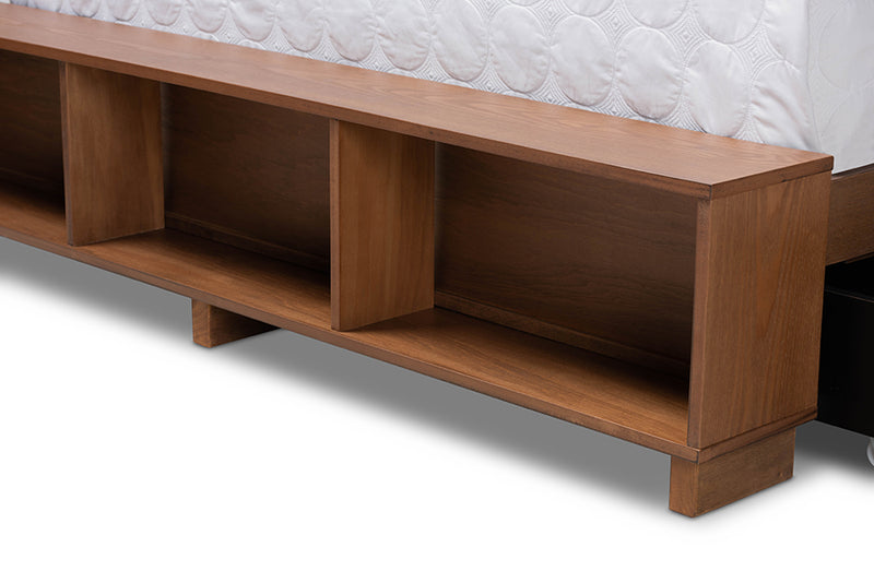 Svante Modern Transitional Ash Walnut Brown Finished Wood Queen Size 4-Drawer Platform Storage Bed w/Built-In Shelves