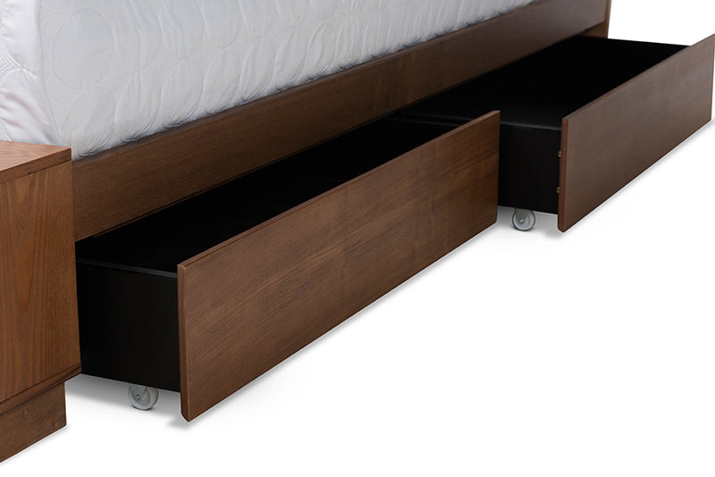 Svante Modern Transitional Ash Walnut Brown Finished Wood Queen Size 4-Drawer Platform Storage Bed w/Built-In Shelves