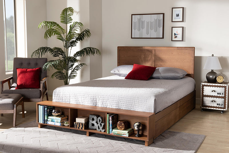 Svante Modern Transitional Ash Walnut Brown Finished Wood Queen Size 4-Drawer Platform Storage Bed w/Built-In Shelves