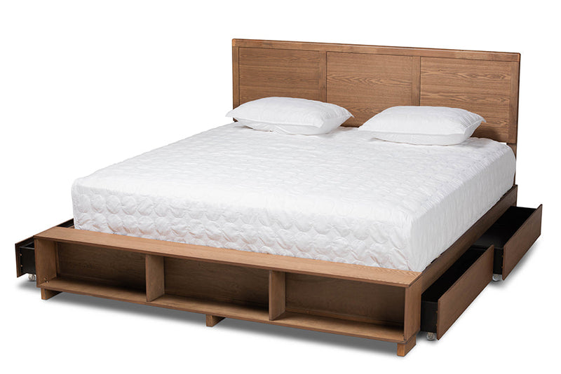 Svante Ash Walnut Brown King Size 4-Drawer Platform Storage Bed w/Shelves Baxton