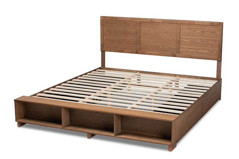 Svante Ash Walnut Brown King Size 4-Drawer Platform Storage Bed w/Shelves Baxton