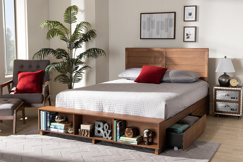 Burma Modern Transitional Ash Walnut Brown Finished Wood Full Size 4-Drawer Platform Storage Bed w/Built-In Shelves