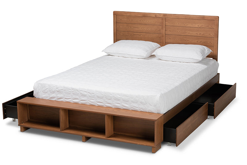 Burma Modern Transitional Ash Walnut Brown Finished Wood Full Size 4-Drawer Platform Storage Bed w/Built-In Shelves