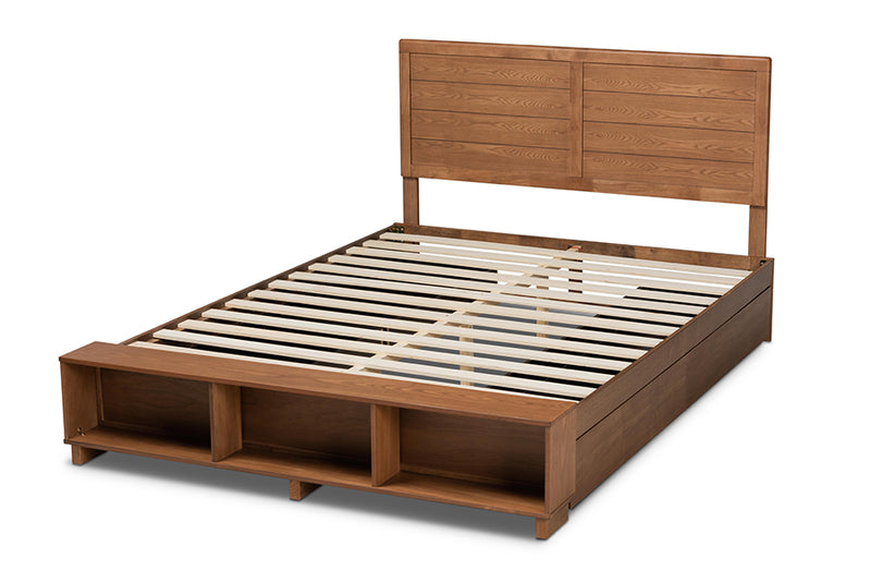 Burma Modern Transitional Ash Walnut Brown Finished Wood Queen Size 4-Drawer Platform Storage Bed w/Built-In Shelves