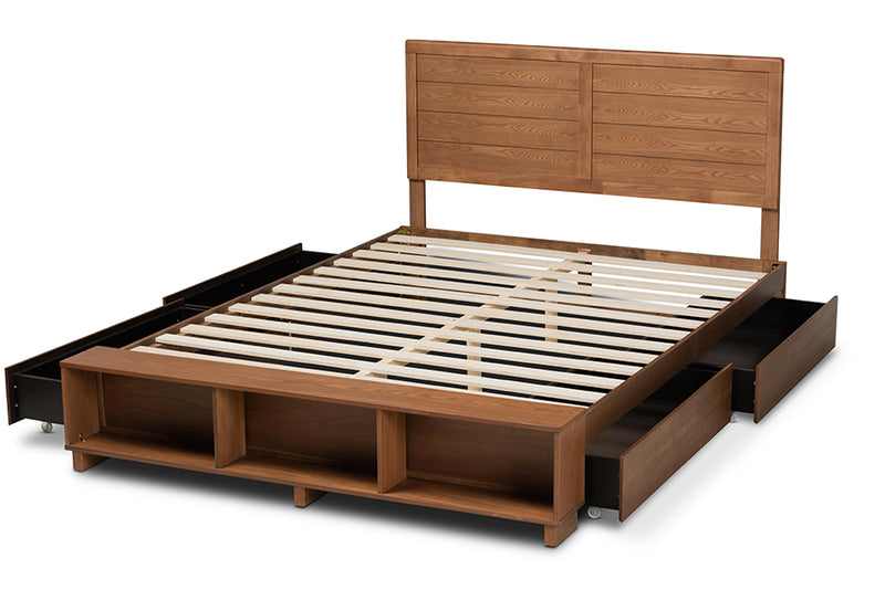 Burma Modern Transitional Ash Walnut Brown Finished Wood Full Size 4-Drawer Platform Storage Bed w/Built-In Shelves