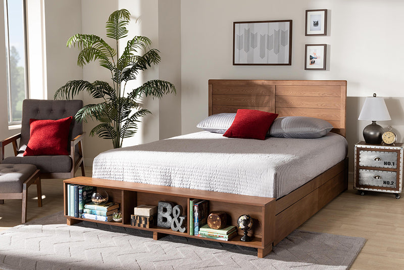 Burma Modern Transitional Ash Walnut Brown Finished Wood Queen Size 4-Drawer Platform Storage Bed w/Built-In Shelves