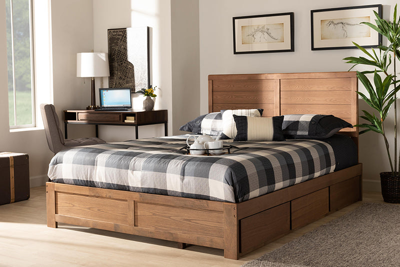 Sarita Modern and Contemporary Ash Walnut Brown Finished Wood Queen Size 3-Drawer Platform Storage Bed