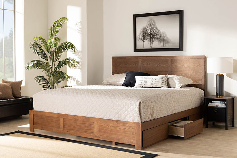 Sarita Ash Walnut Brown King Size 3-Drawer Platform Storage Bed Baxton