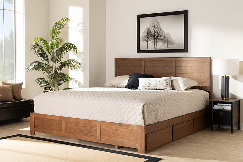 Sarita Ash Walnut Brown King Size 3-Drawer Platform Storage Bed Baxton