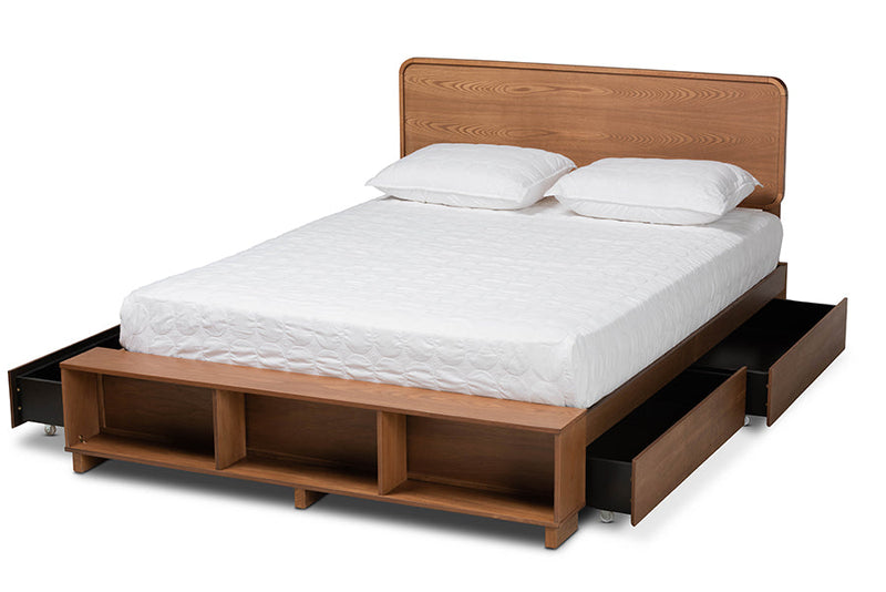 Swamson Ash Walnut Brown 4-Drawer Queen Size Platform Storage Bed Baxton