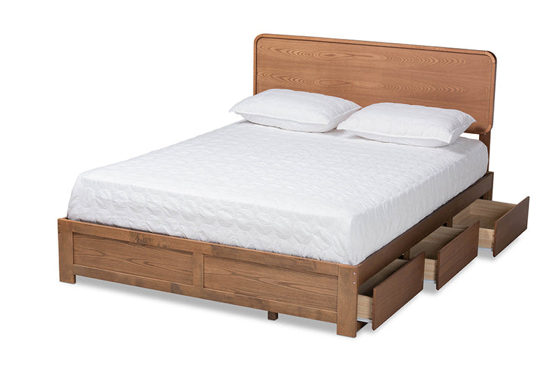 Prita Dark Gray Fabric Ash Walnut Brown Queen Size 3-Drawer Platform Storage Bed Baxton