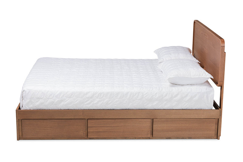 Prita Dark Gray Fabric Ash Walnut Brown Queen Size 3-Drawer Platform Storage Bed Baxton