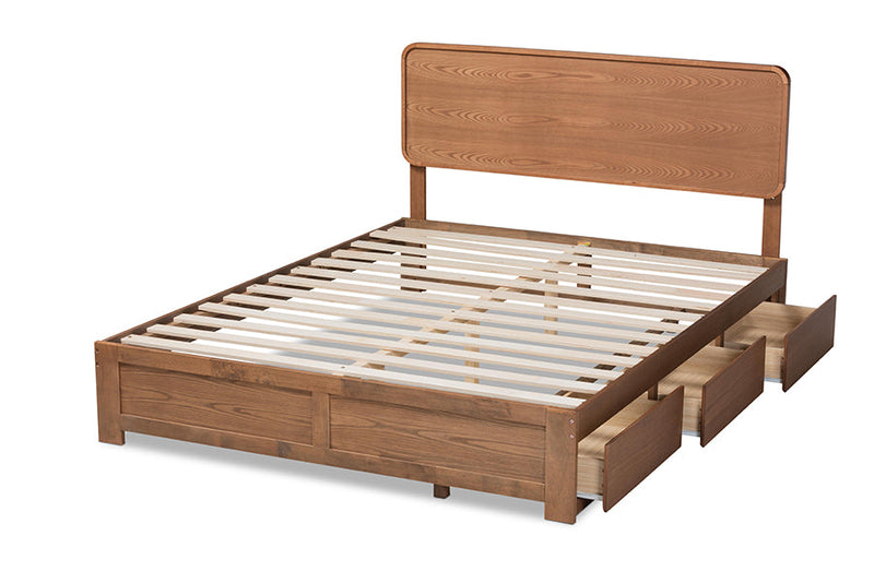 Prita Dark Gray Fabric Ash Walnut Brown Queen Size 3-Drawer Platform Storage Bed Baxton