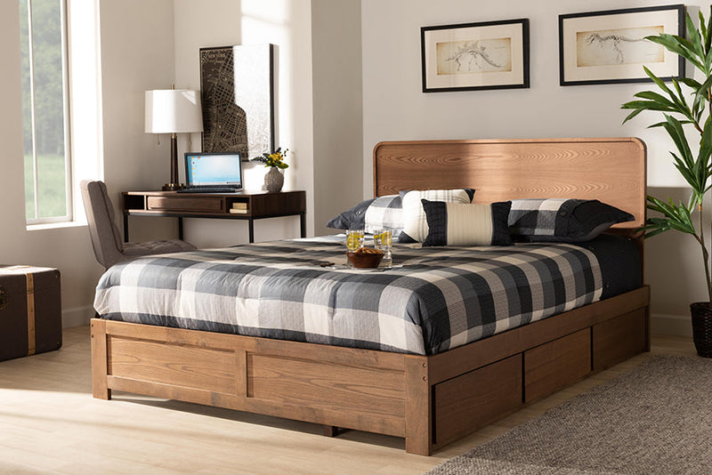 Prita Dark Gray Fabric Ash Walnut Brown Queen Size 3-Drawer Platform Storage Bed Baxton