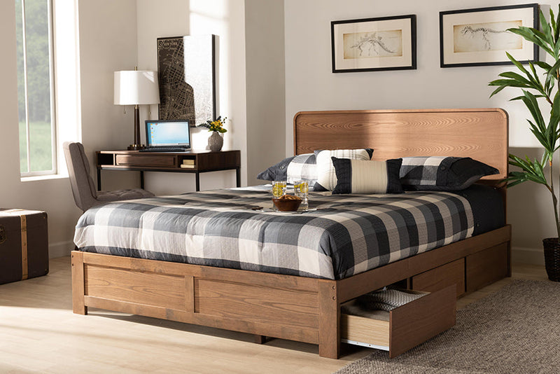 Prita Dark Gray Fabric Ash Walnut Brown Queen Size 3-Drawer Platform Storage Bed Baxton