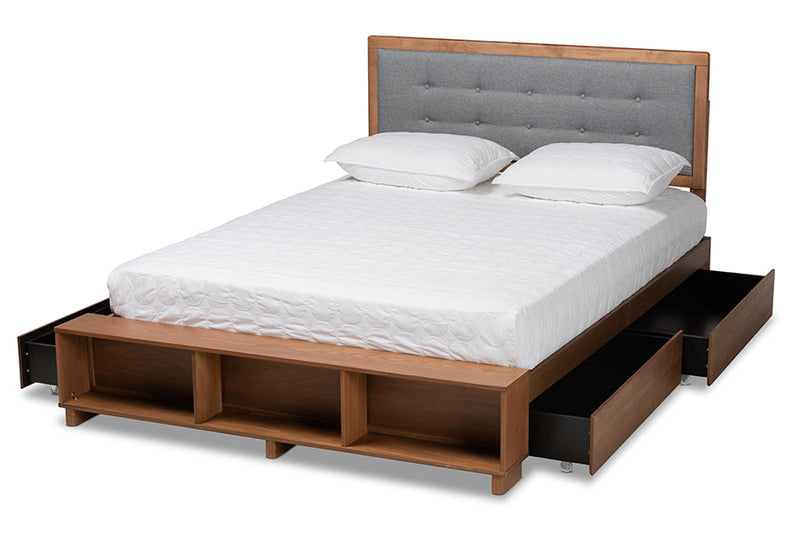 Elsie Dark Grey/Ash Walnut 4-Drawer Queen Size Platform Storage Bed Baxton
