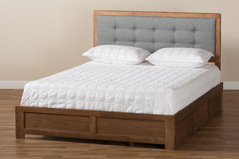 Spuma Dark Gray Fabric Ash Walnut Brown Queen Size 3-Drawer Platform Storage Bed Baxton