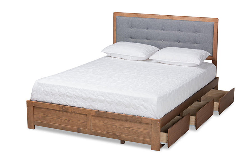 Spuma Dark Gray Fabric Ash Walnut Brown Queen Size 3-Drawer Platform Storage Bed Baxton