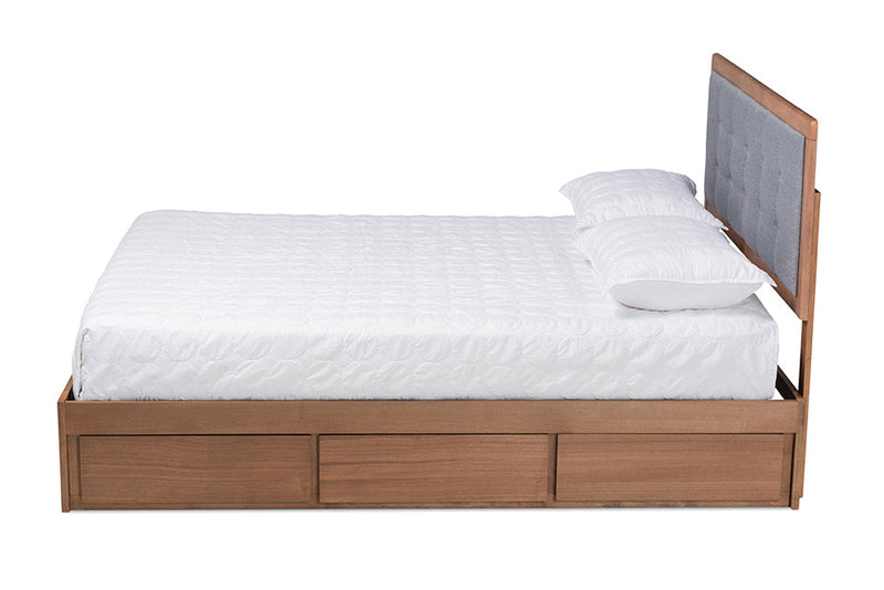 Spuma Dark Gray Fabric Ash Walnut Brown Queen Size 3-Drawer Platform Storage Bed Baxton