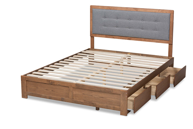 Spuma Dark Gray Fabric Ash Walnut Brown Queen Size 3-Drawer Platform Storage Bed Baxton