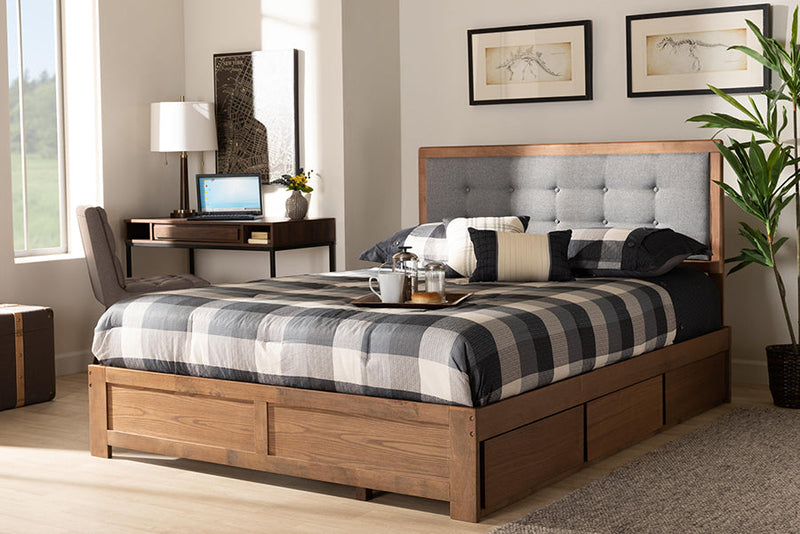 Spuma Dark Gray Fabric Ash Walnut Brown Queen Size 3-Drawer Platform Storage Bed Baxton