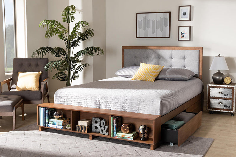 Elsie Light Grey/Ash Walnut 4-Drawer Full Size Platform Storage Bed Baxton
