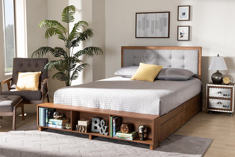 Elsie Light Grey/Ash Walnut 4-Drawer Queen Size Platform Storage Bed Baxton