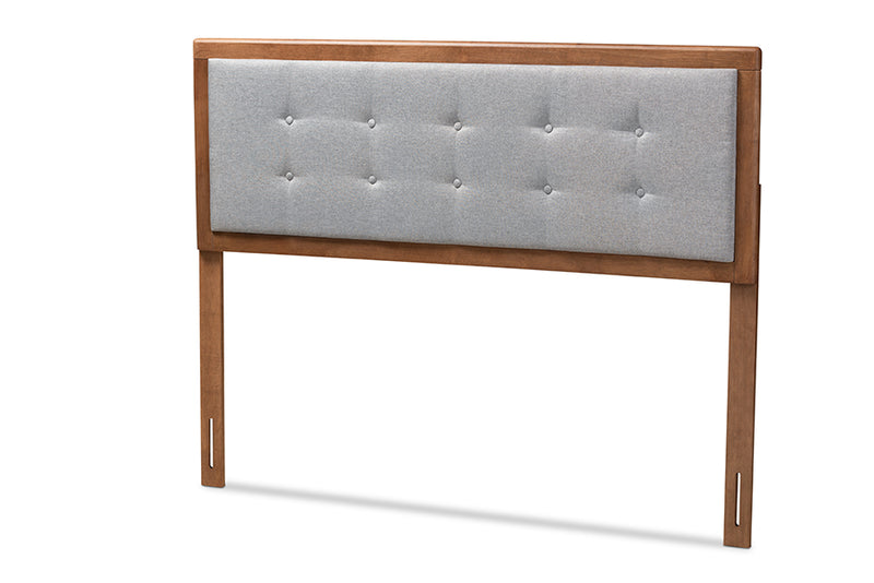 Hadia Mid-Century Modern Light Gray Fabric Upholstered Walnut Brown Finished Wood King Size Headboard